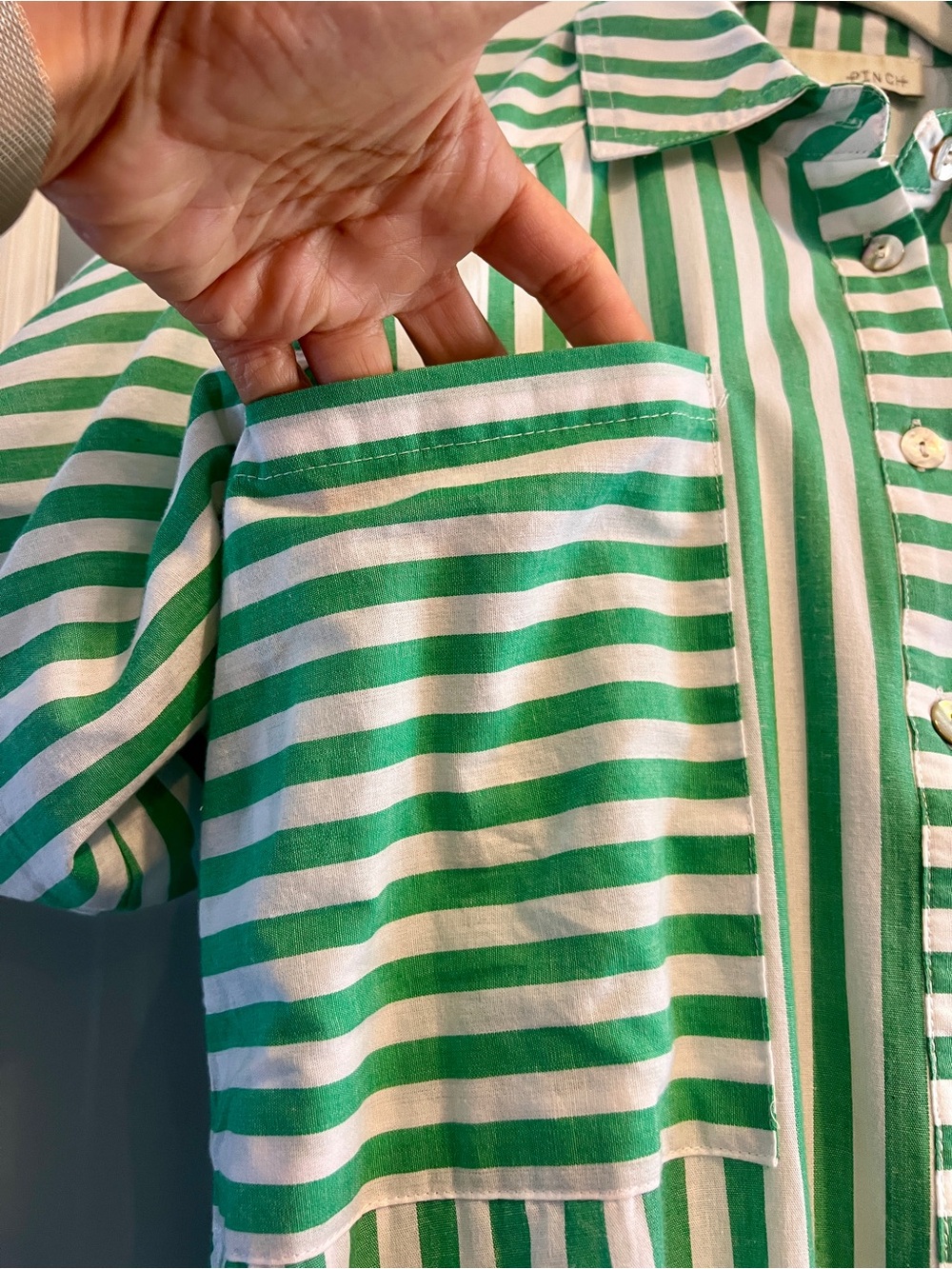 Pinch Green White Striped Short Sleeve Tiered Button Down Shirt Dress Small - Picture 3 of 8
